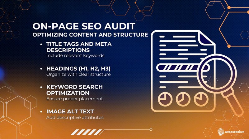 On page website SEO audit includes content structure, image, and keywords